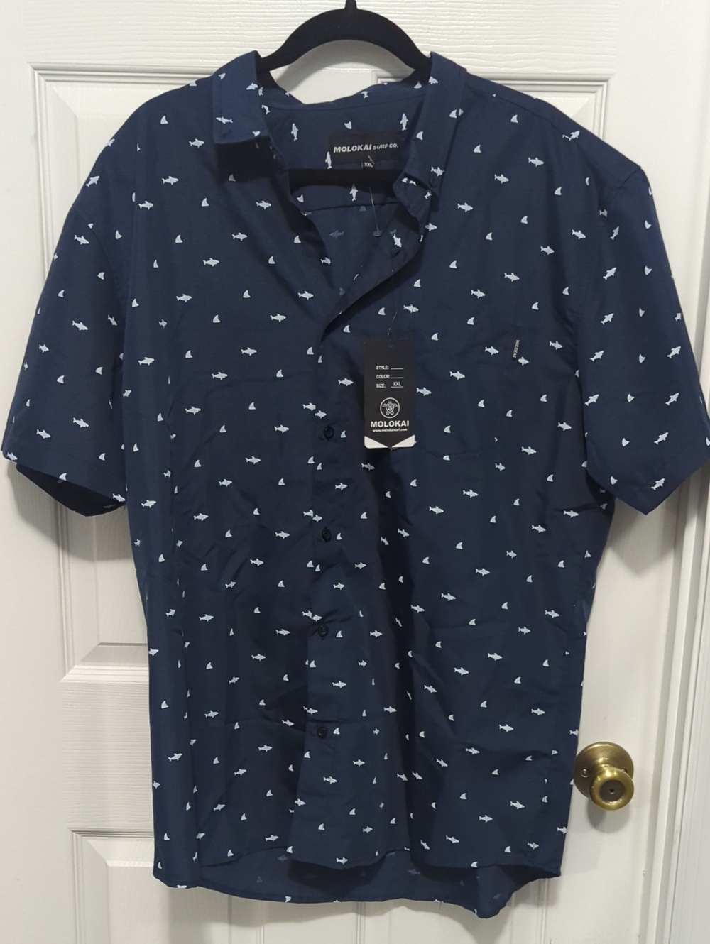 Molokai Navy Short-Sleeve Button-Down Shirt with Shark Print